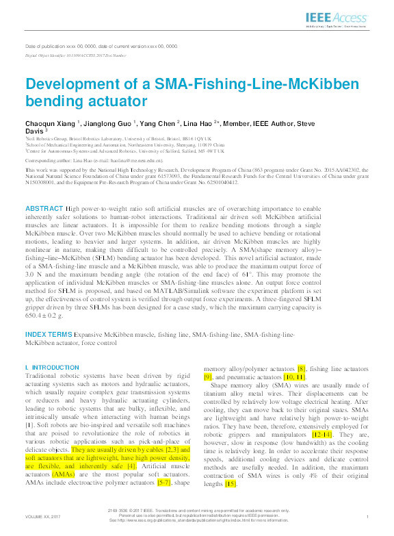 Development of a SMA-fishing-line-McKibben bending actuator Thumbnail
