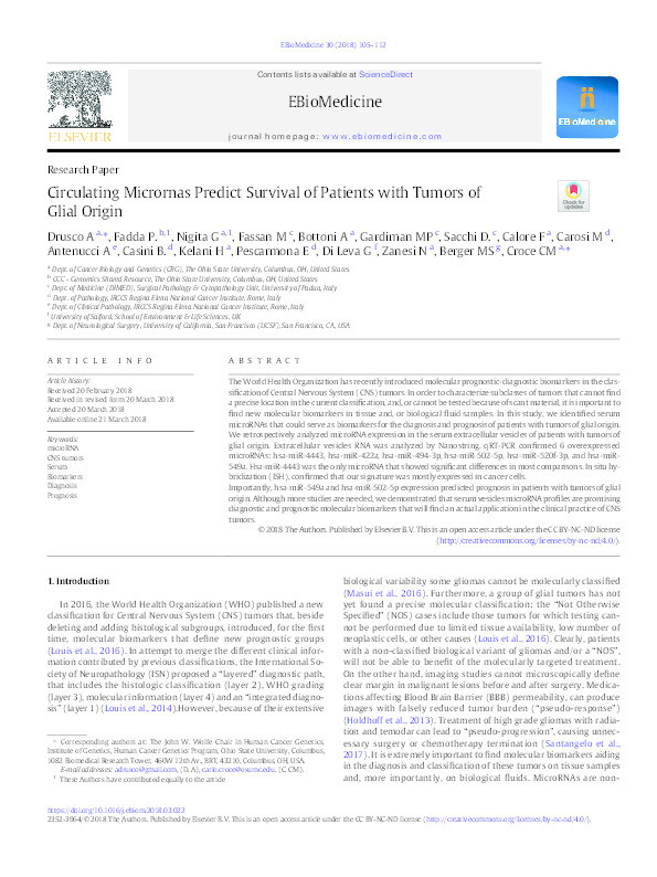 Circulating microRNAs predict survival of patients with tumors of glial origin Thumbnail
