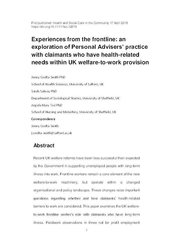 Experiences from the frontline : an exploration of personal advisers’ practice with claimants who have health-related needs within UK welfare-to-work provision Thumbnail