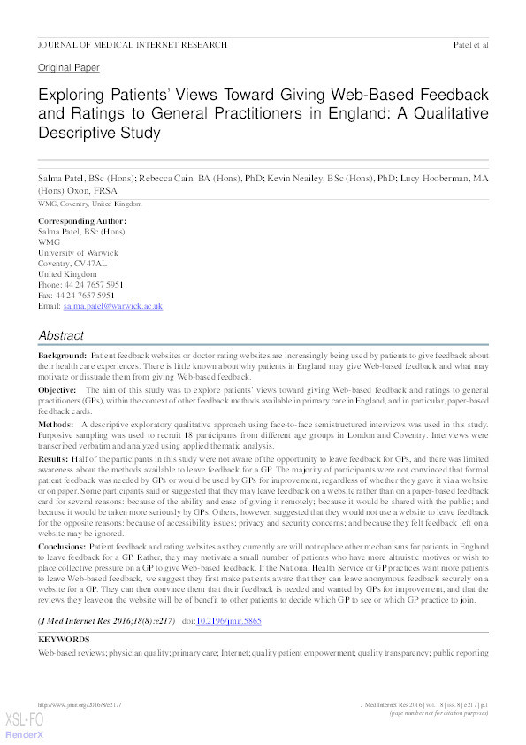 Exploring patients’ views toward giving web-based feedback and ratings to general practitioners in England : a qualitative descriptive study Thumbnail