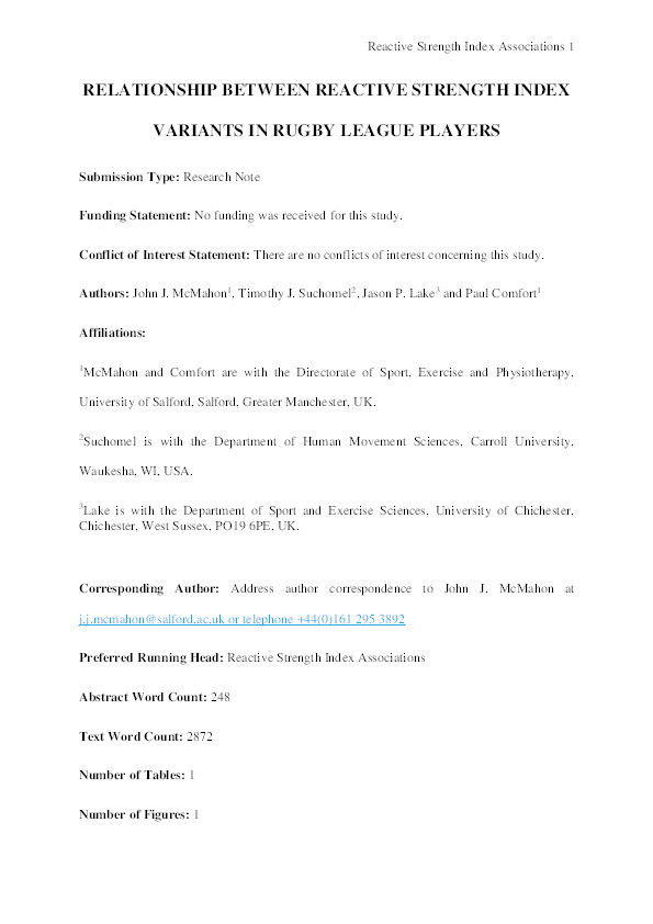 Relationship Between Reactive Strength Index Variants in Rugby League Players Thumbnail