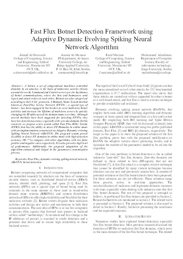 Fast flux botnet detection framework using adaptive dynamic evolving spiking neural network algorithm Thumbnail