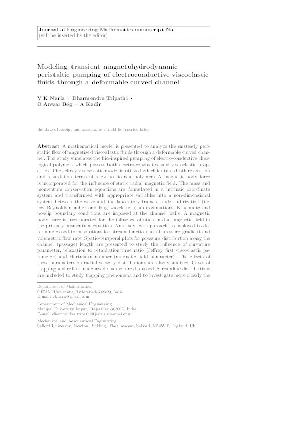 Modeling transient magnetohydrodynamic peristaltic pumping of electroconductive viscoelastic ﬂuids through a deformable curved channel Thumbnail