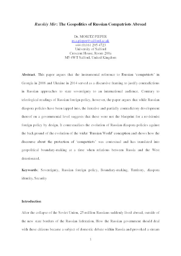 Russkiy mir : the geopolitics of Russian compatriots abroad Thumbnail