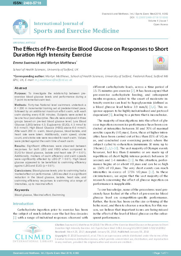 The effects of pre-exercise blood glucose on responses to short duration high intensity exercise Thumbnail