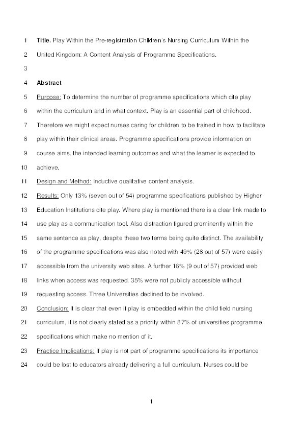 Play within the pre-registration children's nursing curriculum within the United Kingdom : a content analysis of programme specifications Thumbnail