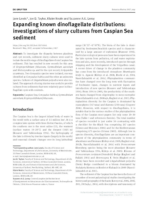 Expanding known dinoflagellate distributions : investigations of slurry cultures from Caspian Sea sediment Thumbnail