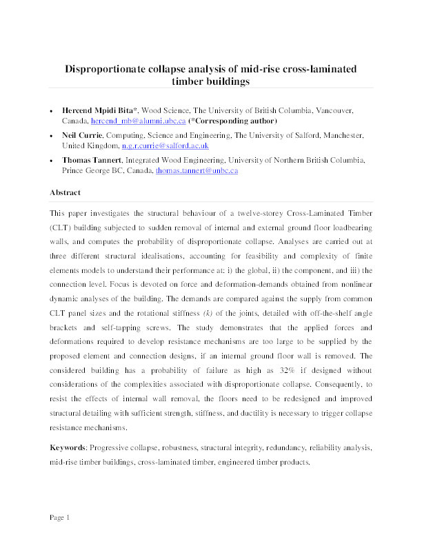 Disproportionate collapse analysis of mid-rise cross-laminated timber buildings Thumbnail