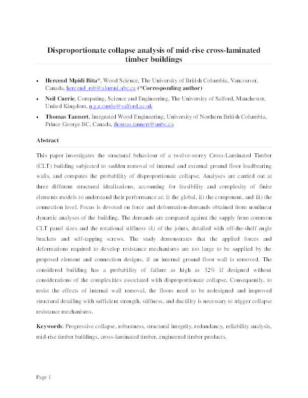 Disproportionate collapse analysis of mid-rise cross-laminated timber buildings Thumbnail