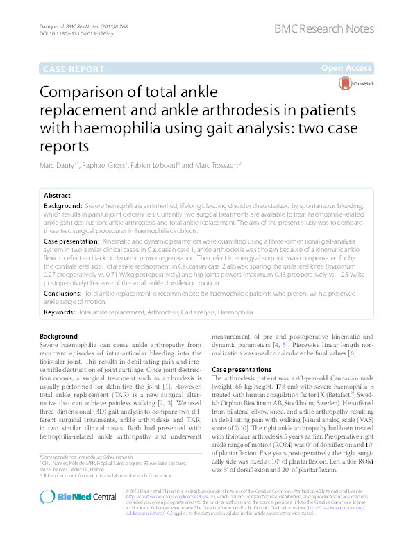 Comparison of total ankle replacement and ankle arthrodesis in patients with haemophilia using gait analysis : two case reports Thumbnail