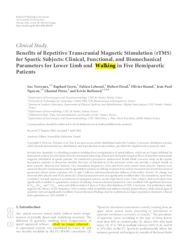 Benefits of repetitive transcranial magnetic stimulation (rTMS) for spastic subjects : clinical, functional and biomechanical parameters for lower limb and walking in five hemiparetic patients Thumbnail
