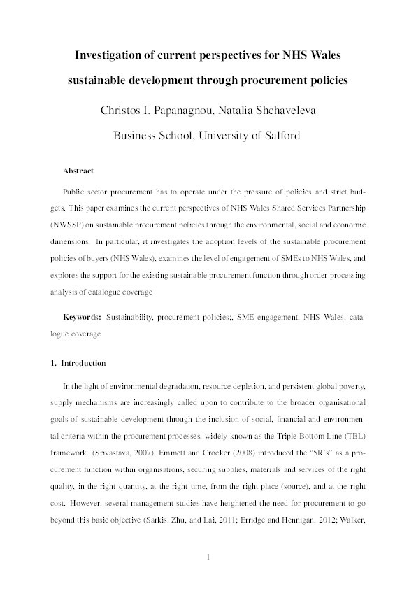 Investigation of current perspectives for NHS Wales
sustainable development through procurement policies Thumbnail
