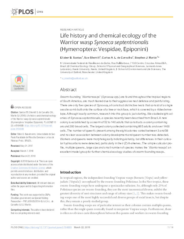 Life history and chemical ecology of the Warrior wasp Synoeca septentrionalis (Hymenoptera : Vespidae, Epiponini) Thumbnail