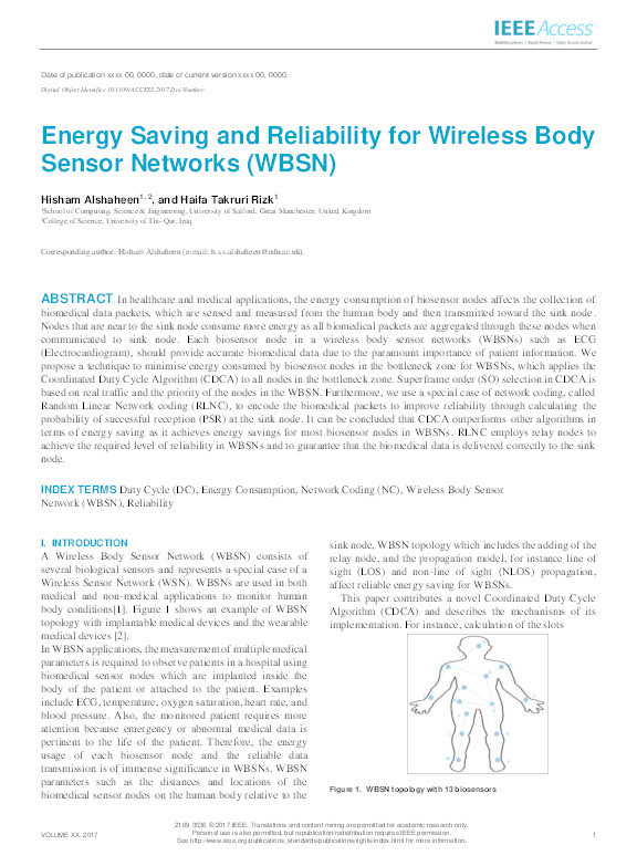 Energy saving and reliability for Wireless Body Sensor Networks (WBSN) Thumbnail