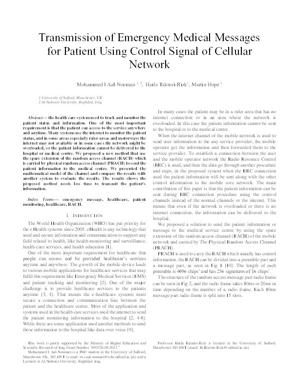 Transmission of medical messages of patient using control signal of cellular network Thumbnail