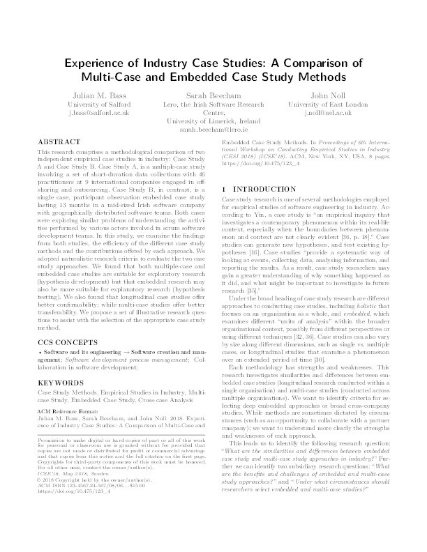 Experience of industry case studies : a comparison of multi-case and embedded case study methods Thumbnail