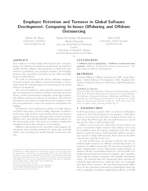 Employee retention and turnover in global software development : comparing in-house offshoring and offshore outsourcing Thumbnail