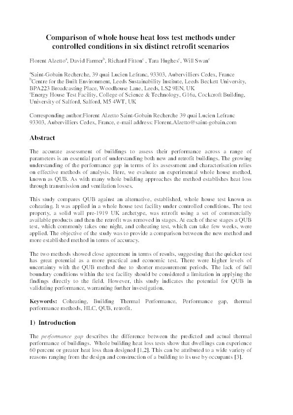 Comparison of whole house heat loss test methods under controlled conditions in six distinct retrofit scenarios Thumbnail