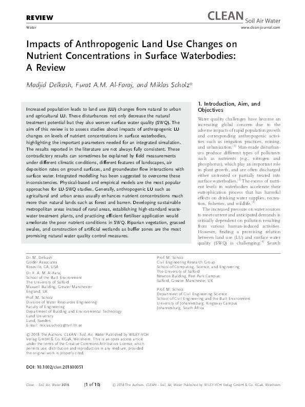 Impacts of anthropogenic land use changes on nutrient concentrations in surface waterbodies : a review Thumbnail