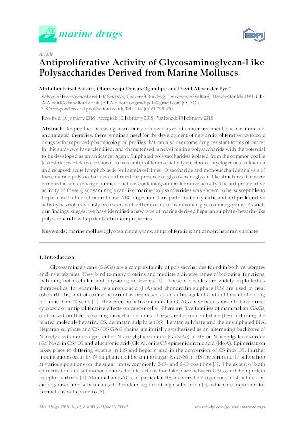 Antiproliferative activity of glycosaminoglycan-like
polysaccharides derived from marine molluscs Thumbnail