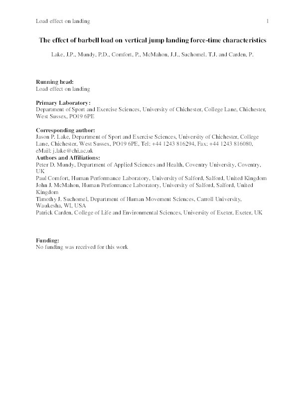 Effect of Barbell Load on Vertical Jump Landing Force-Time Characteristics Thumbnail