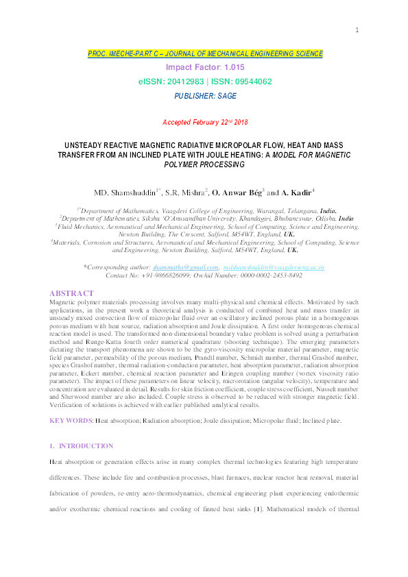 Unsteady reactive magnetic radiative micropolar flow, heat and mass transfer from an inclined plate with joule heating: a model for magnetic polymer processing Thumbnail