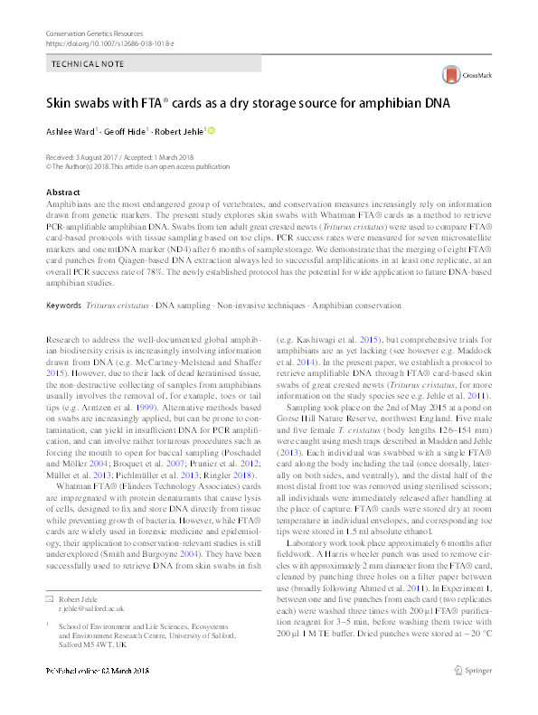 Skin swabs with FTA® cards as a dry storage source for amphibian DNA Thumbnail