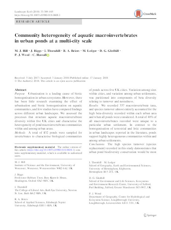 Community heterogeneity of aquatic macroinvertebrates in urban ponds at a multi-city scale Thumbnail
