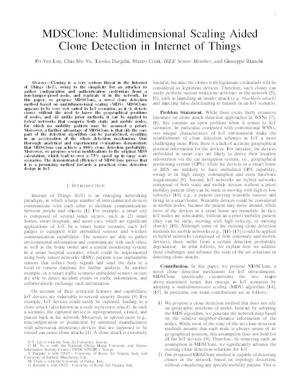 MDSClone : multidimensional scaling aided clone detection in Internet of Things Thumbnail