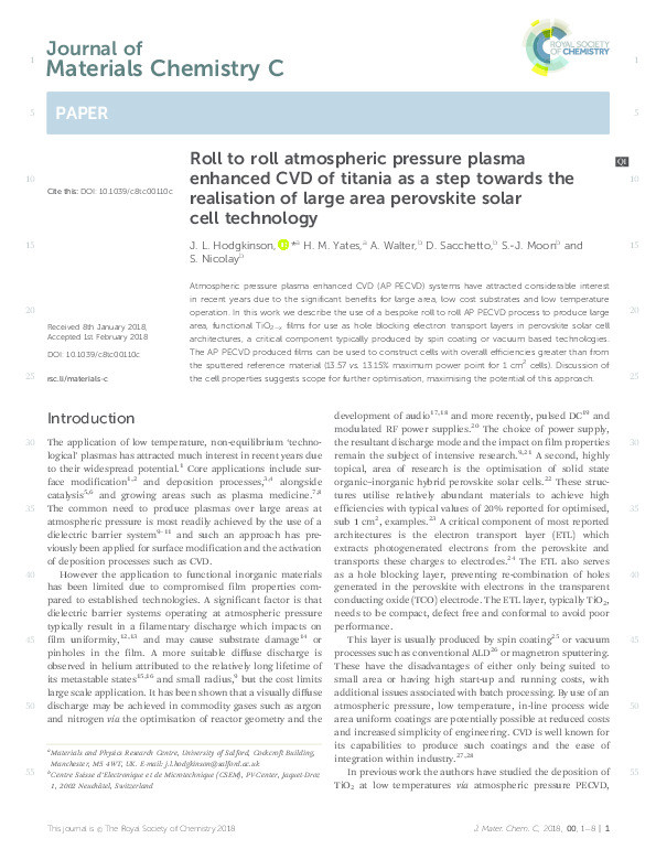 Roll to roll atmospheric pressure plasma enhanced CVD of titania as a step towards the realisation of large area perovskite solar cell technology Thumbnail