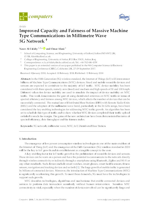 Improved capacity and fairness of massive machine type communications in millimetre wave 5G network Thumbnail