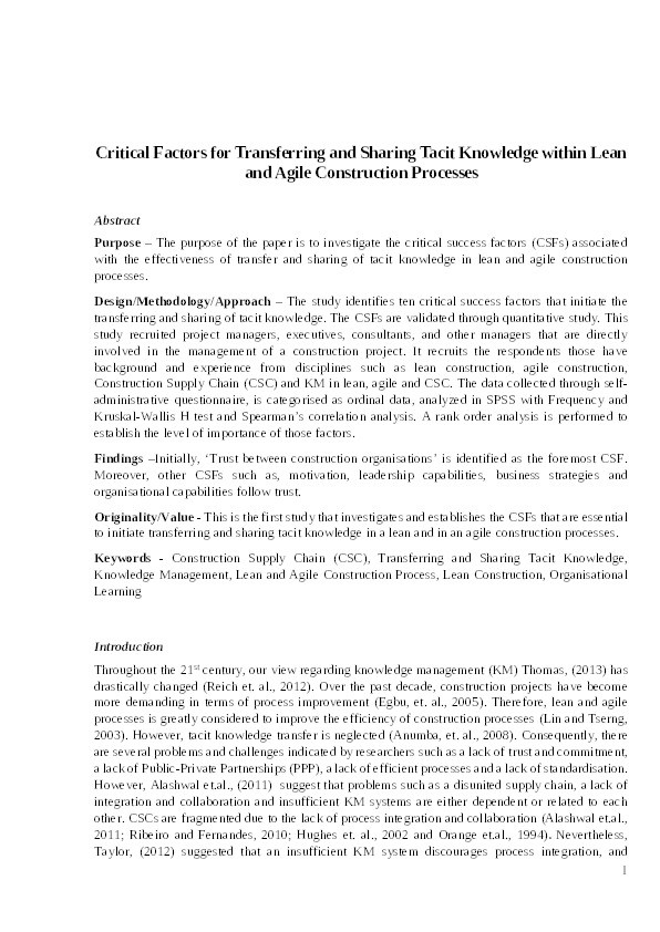 Critical factors for transferring and sharing tacit knowledge within lean and agile construction processes Thumbnail