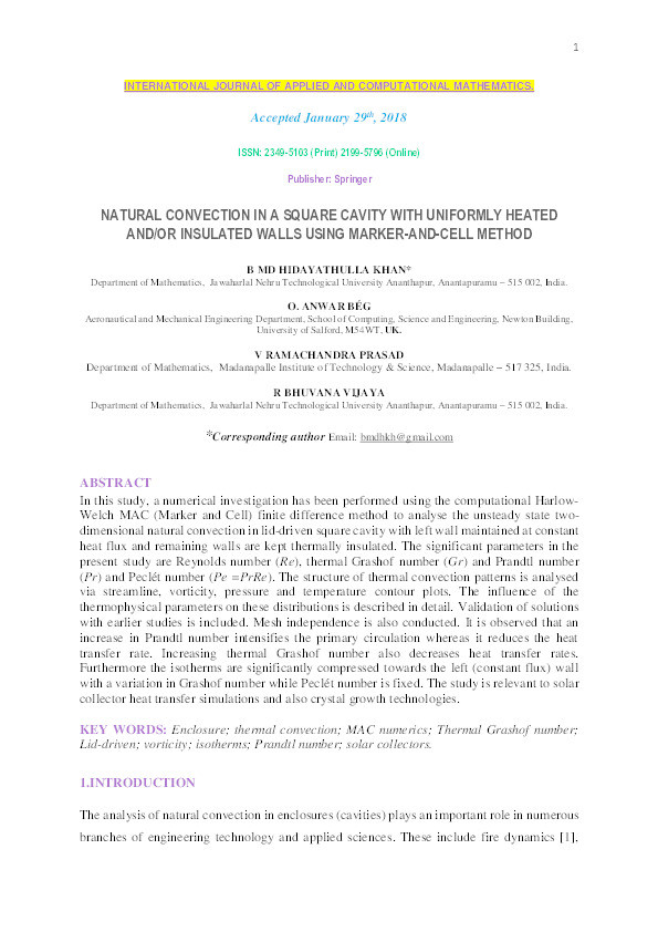 Natural convection in a square cavity with uniformly heated and/or insulated walls using marker-and-cell method Thumbnail