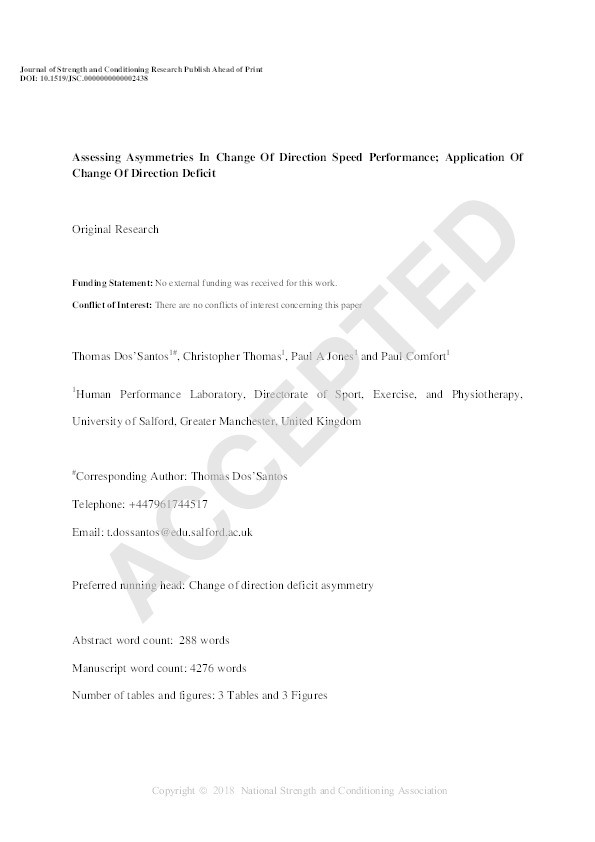 Assessing asymmetries in change of direction speed performance; application of change of direction deficit Thumbnail