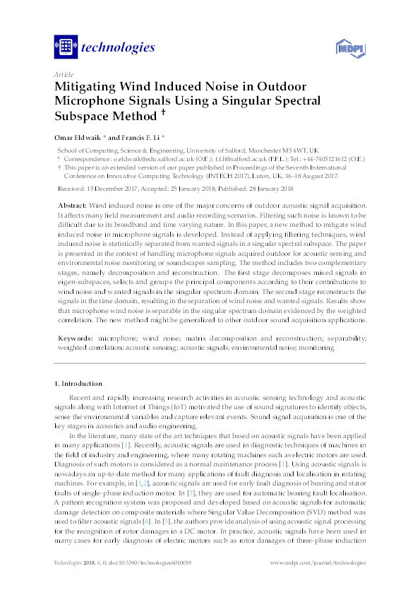 Mitigating wind induced noise in outdoor microphone signals using a singular spectral subspace method Thumbnail