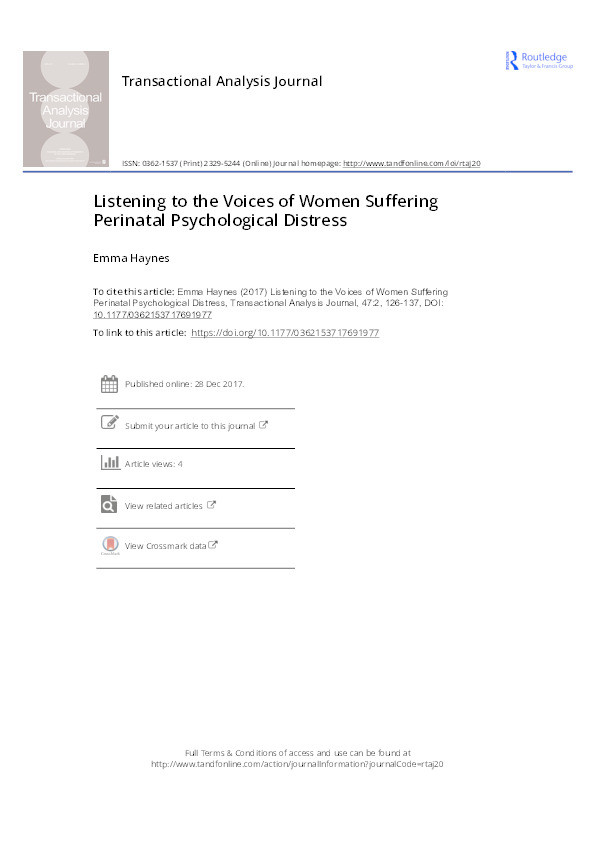 Listening to the voices of women suffering perinatal psychological distress Thumbnail