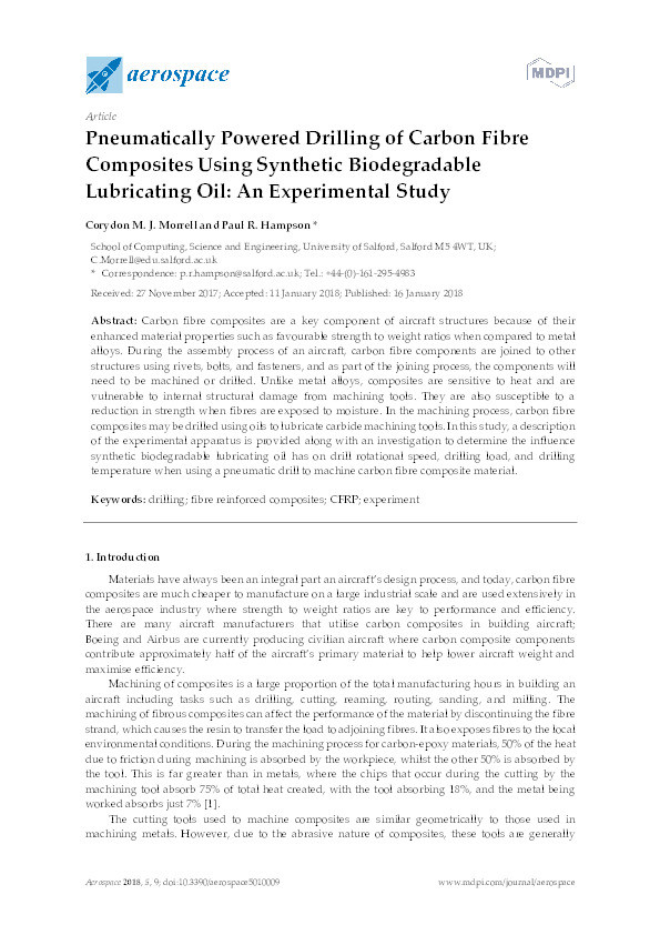 Pneumatically powered drilling of carbon fibre composites using synthetic biodegradable lubricating oil : an experimental study Thumbnail