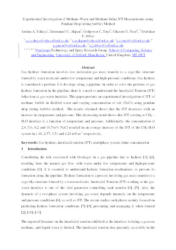 Experimental investigation of methane-water and methane-brine IFT measurements using pendant drop (rising bubble) method Thumbnail