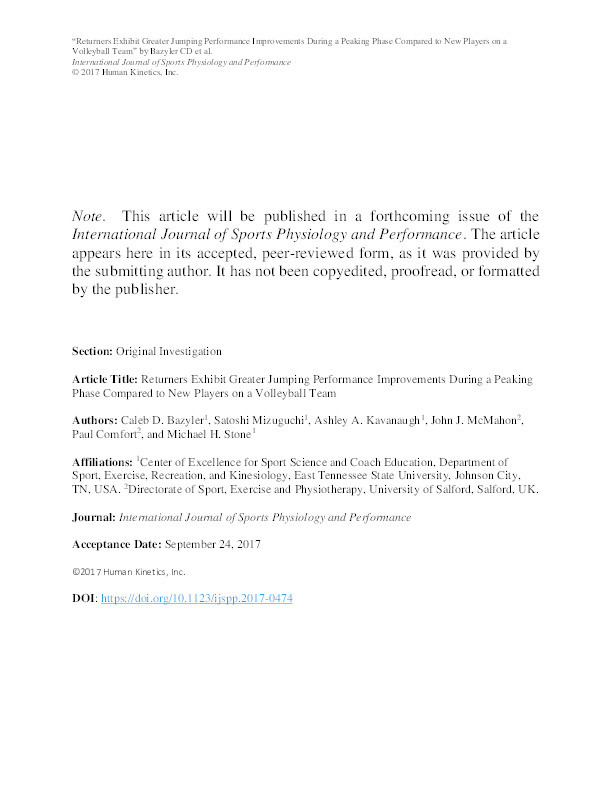 Returners exhibit greater jumping performance improvements during a peaking phase compared to new players on a volleyball team Thumbnail