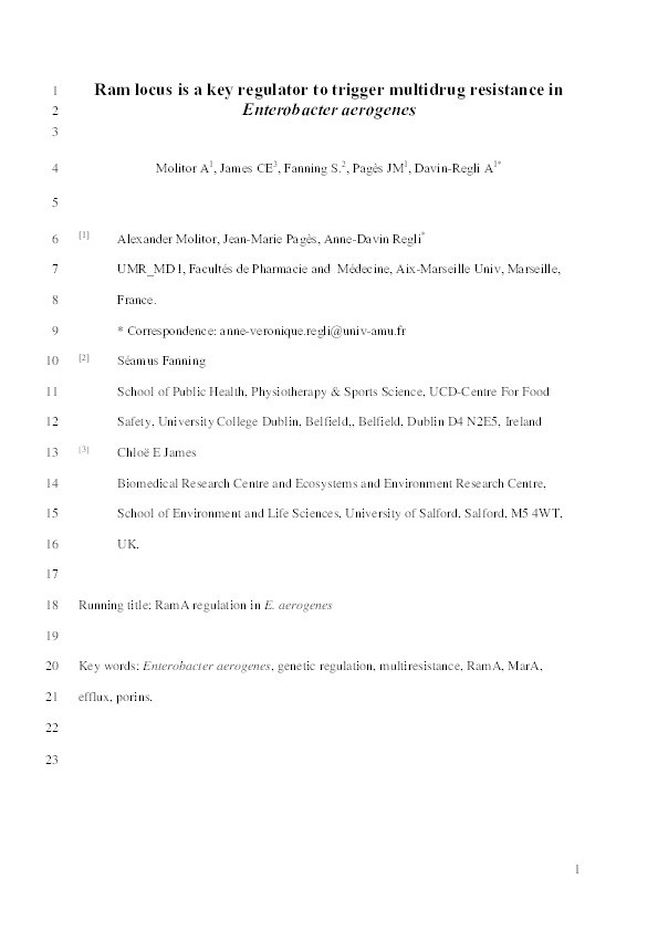 Ram locus is a key regulator to trigger multidrug resistance in Enterobacter aerogenes Thumbnail