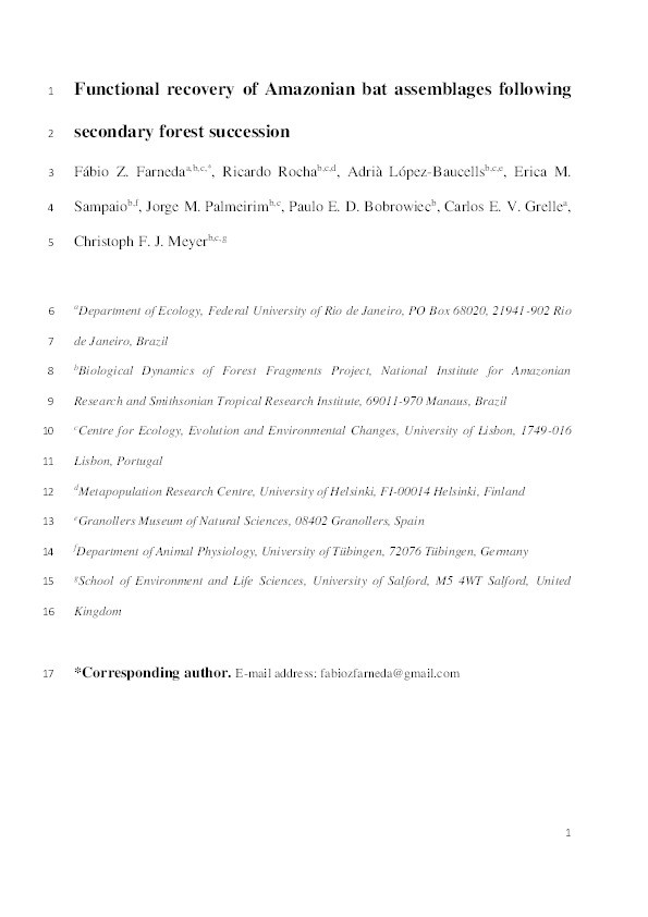 Functional recovery of Amazonian bat assemblages following secondary forest succession Thumbnail