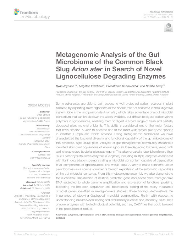 Metagenomic analysis of the gut microbiome of the common black slug Arion ater in search of novel lignocellulose degrading enzymes Thumbnail