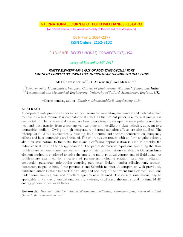 Finite element analysis of rotating oscillatory magneto-convective radiative micropolar thermo-solutal flow Thumbnail