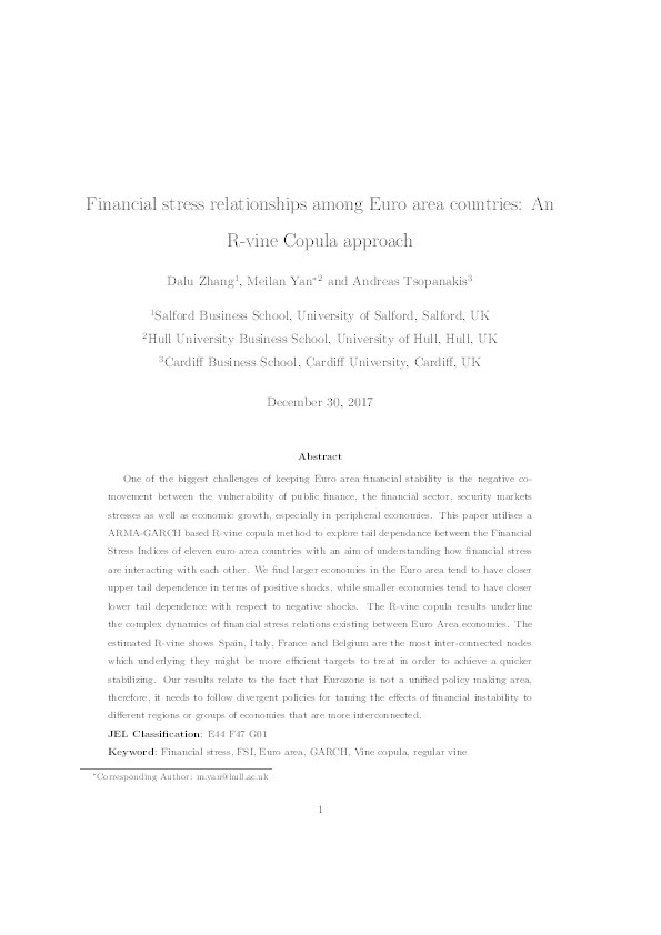 Financial stress relationships among Euro area countries : an R-vine Copula approach Thumbnail