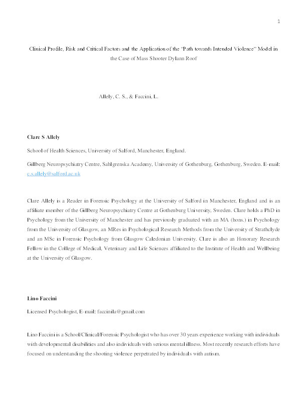 Clinical profile, risk and critical factors and the application of the “path towards intended violence” model in the case of mass shooter Dylann Roof Thumbnail