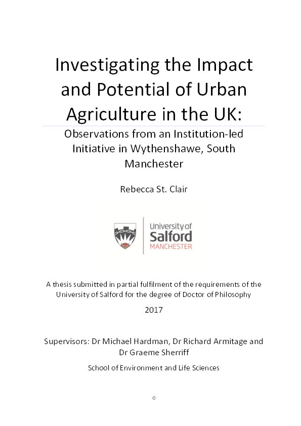 Investigating the impact and potential of urban agriculture in the UK : observations from an institution-led initiative in Wythenshawe, South Manchester Thumbnail