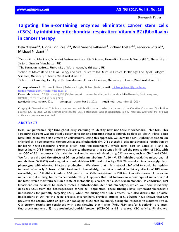 Targeting flavin-containing enzymes eliminates cancer stem cells (CSCs), by inhibiting mitochondrial respiration : vitamin B2 (Riboflavin) in cancer therapy Thumbnail