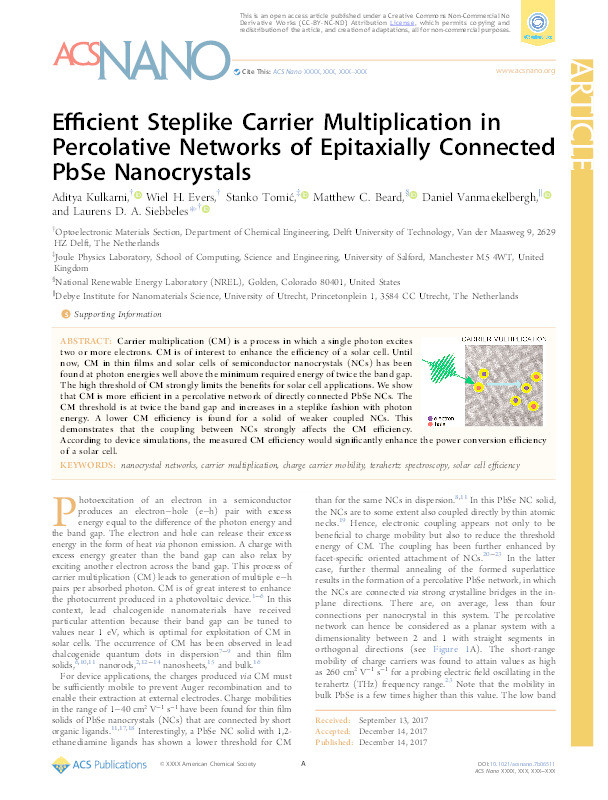 Efficient steplike carrier multiplication in percolative networks of epitaxially connected PbSe nanocrystals Thumbnail