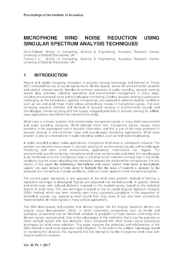 Microphone wind noise reduction using singular spectrum analysis techniques Thumbnail