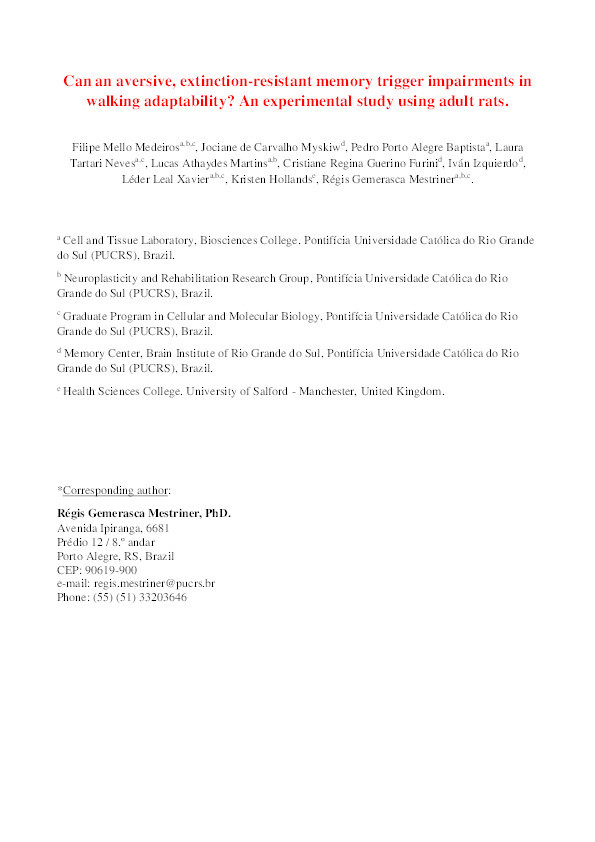 Can an aversive, extinction-resistant memory trigger impairments in walking adaptability? An experimental study using adult rats Thumbnail